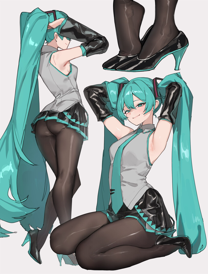 1girl absurdres ankle aqua eyes aqua hair aqua necktie armpits arms behind head ass black pantyhose closed mouth detached sleeves feet foot focus fro…