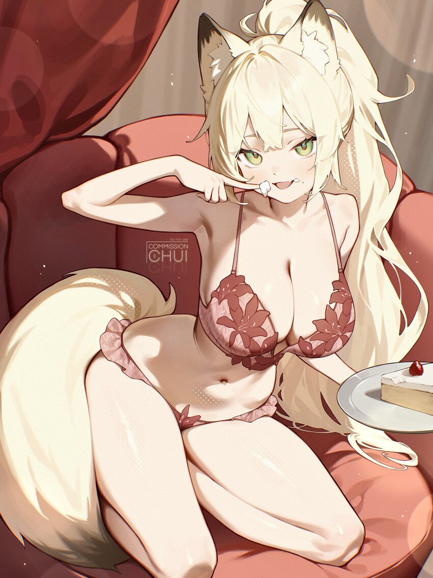 1girl animal ear fluff animal ears artist name bare arms bare shoulders bikini blonde hair breasts cake cake slice chui art cleavage commentary commi…