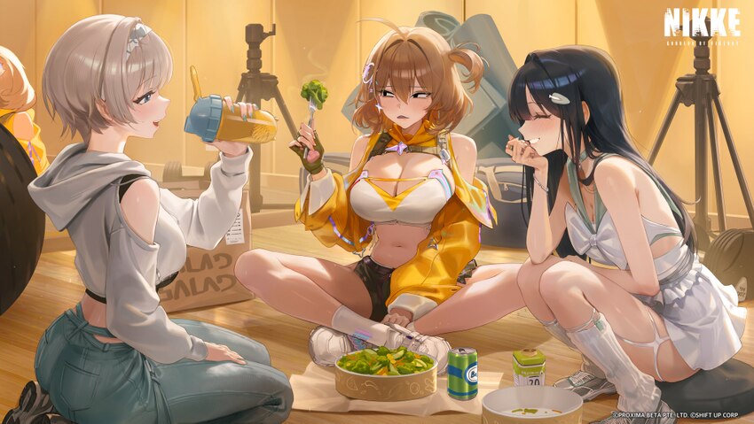 3girls absurdres ahoge anis (nikke) anis (star) (nikke) anis face (nikke) belt black hair blue pants bottle bow bracelet breasts broccoli brown hair …