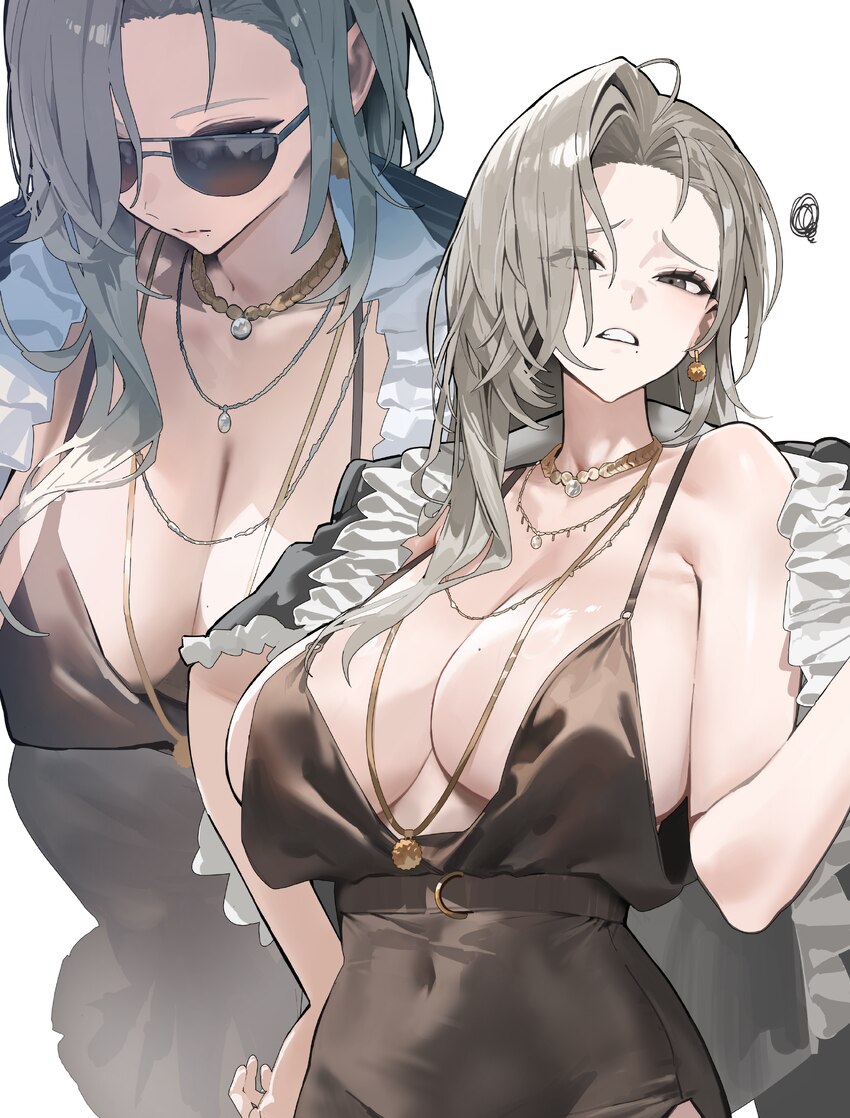 1girl absurdres black dress breasts cleavage closed mouth commentary covered navel dress earrings goddess of victory  nikke grey eyes grey hair hand …