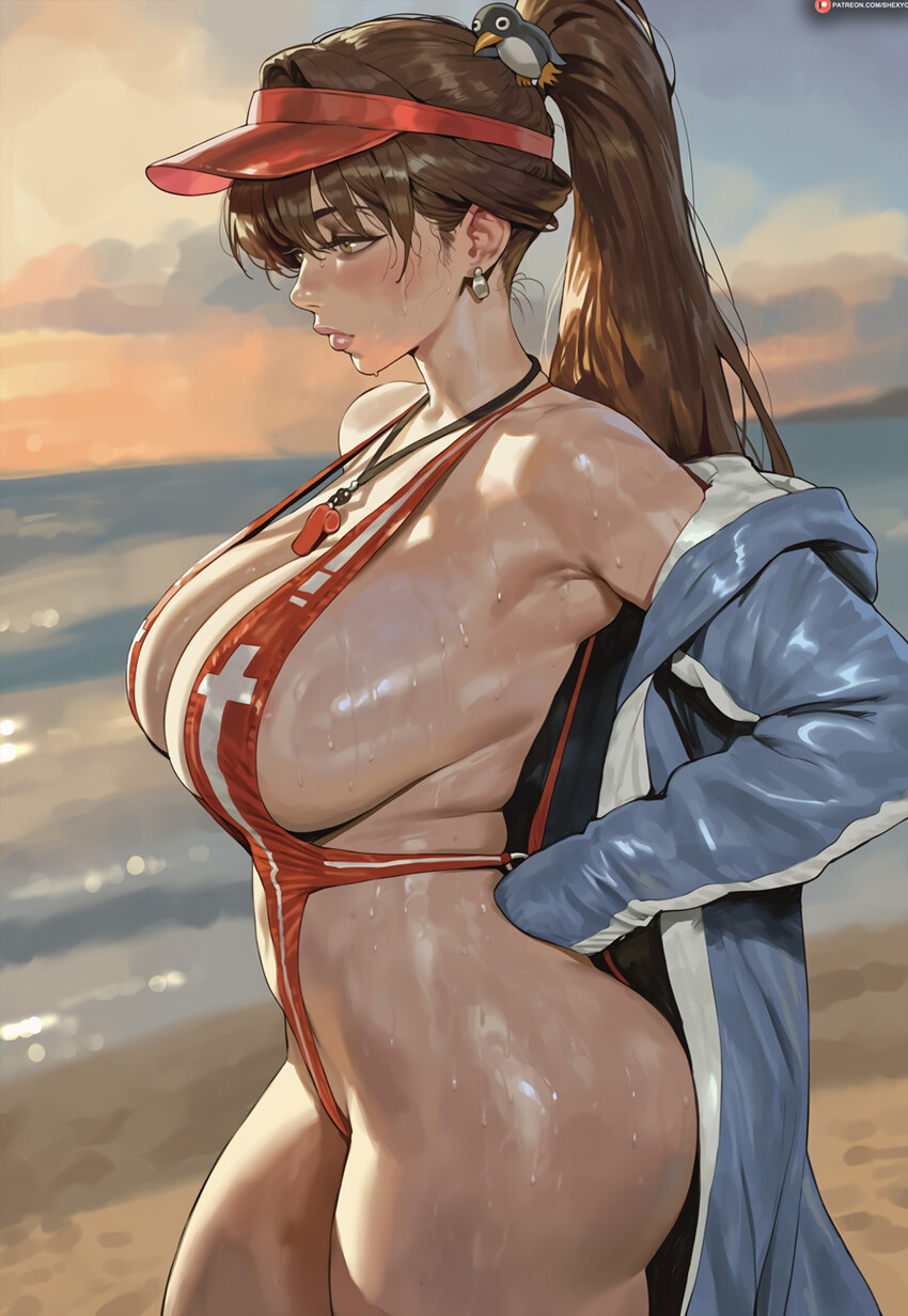 1girl ai-assisted animal costume bird costume blush breasts brown eyes brown hair cleavage cloud commentary from side goddess of victory  nikke hair …