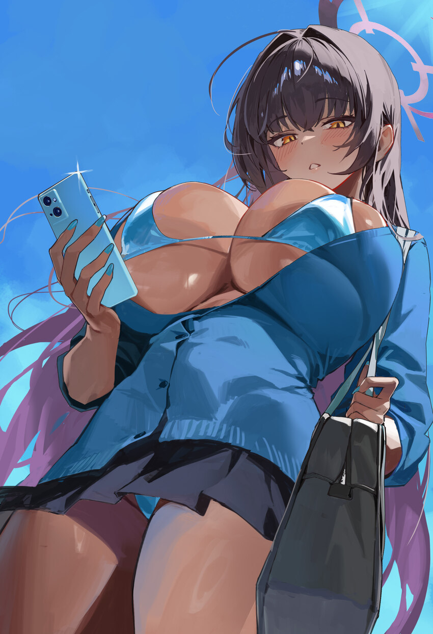 1girl absurdres ahoge bag bikini black hair black skirt blue archive blue bikini blue bow blue bowtie blue cardigan blue halo blush bow bowtie breast…