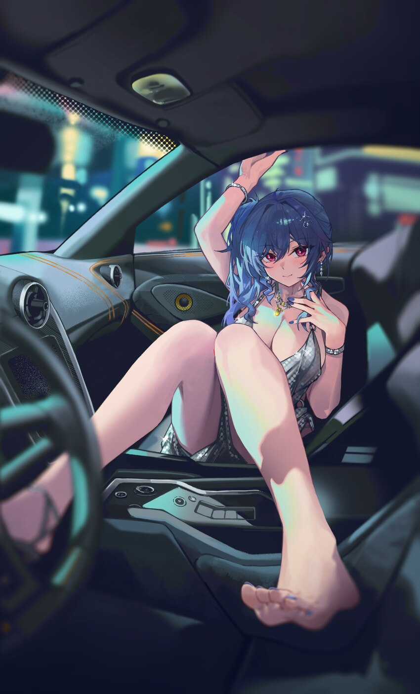 1girl absurdres azur lane barefoot blue hair blue nails blurry blurry background blurry foreground bracelet breasts car interior car seat chinese com…