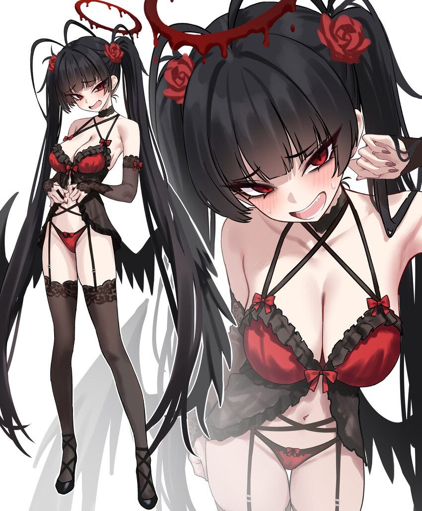 1girl absurdres alternate costume alternate hairstyle armpits babydoll bare shoulders black choker black thighhighs black wings blue archive blush bo…