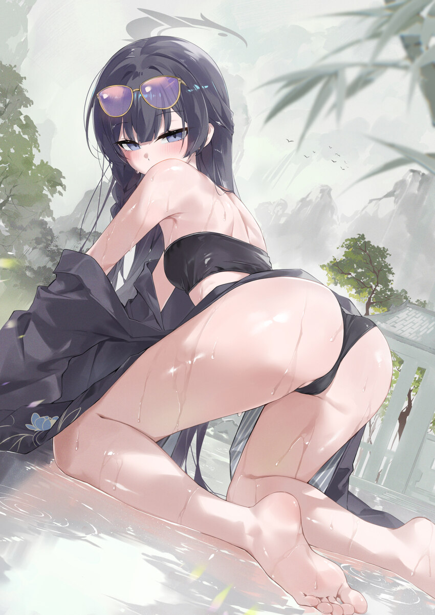 1girl all fours ass ass focus bare shoulders barefoot bikini black bikini black hair blue archive blush braid breasts commentary dema hmw eyewear on …
