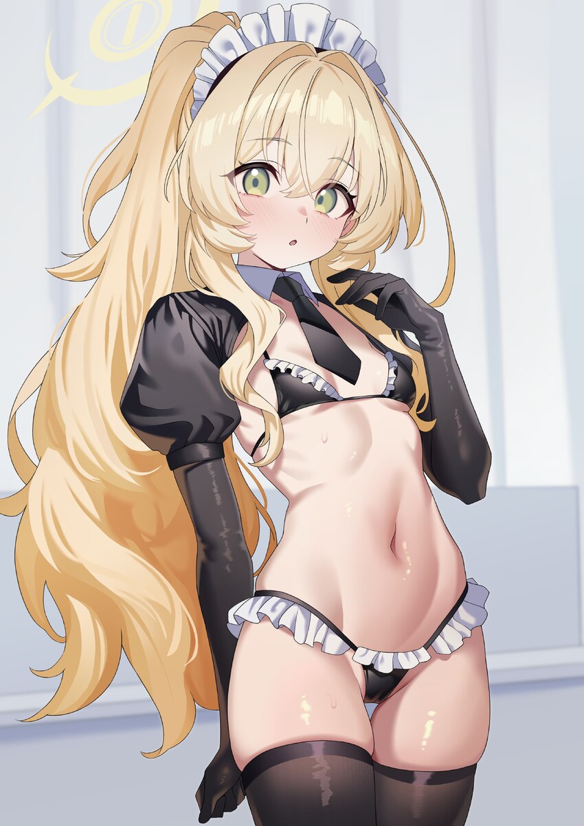 0haribo0 1girl absurdres bikini black bikini black gloves black necktie black shrug black thighhighs blue archive blush breasts commentary request cr…