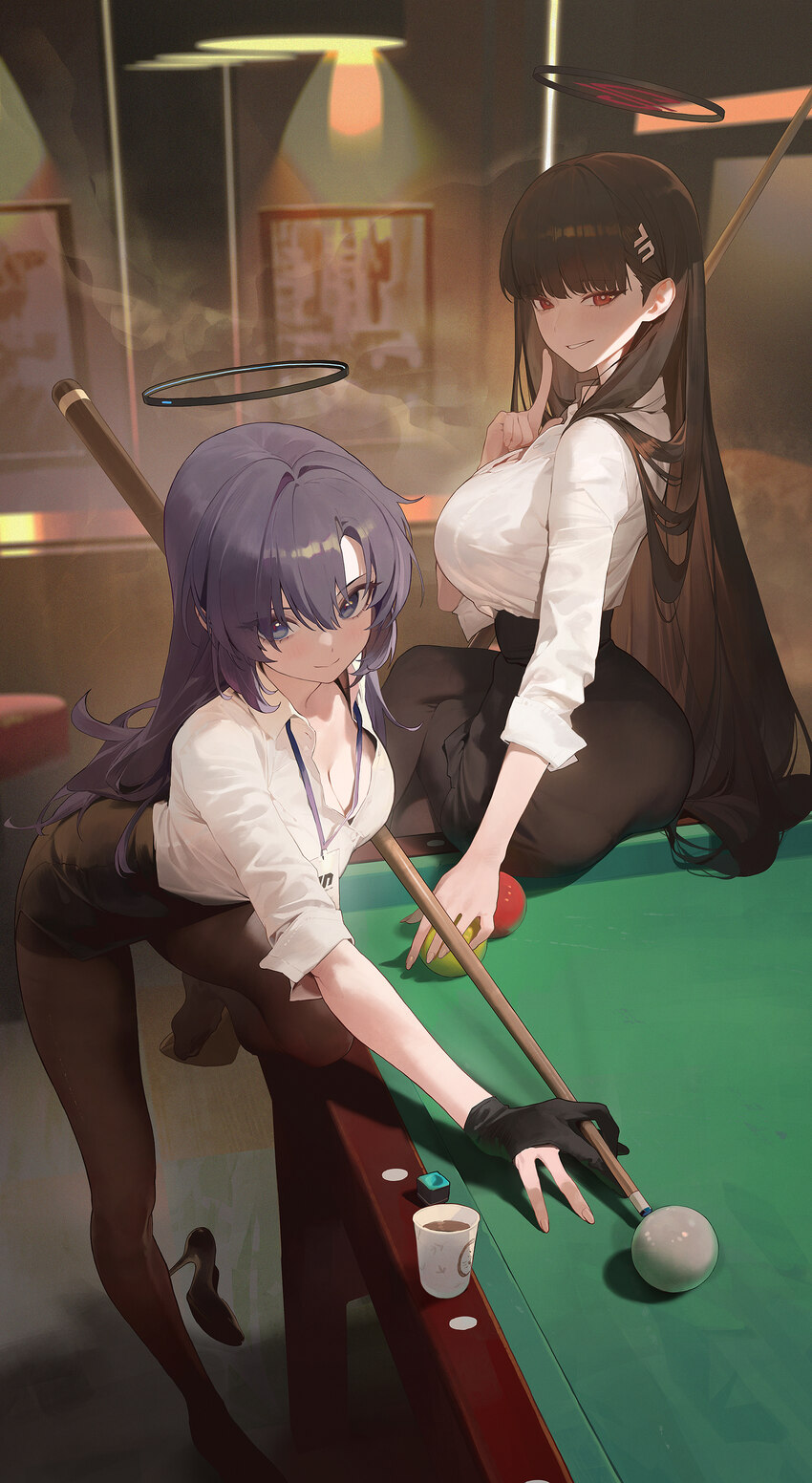 2girls absurdres alternate costume alternate hairstyle ass ball billiard ball billiard chalk billiard table billiards black hair black halo black pan…