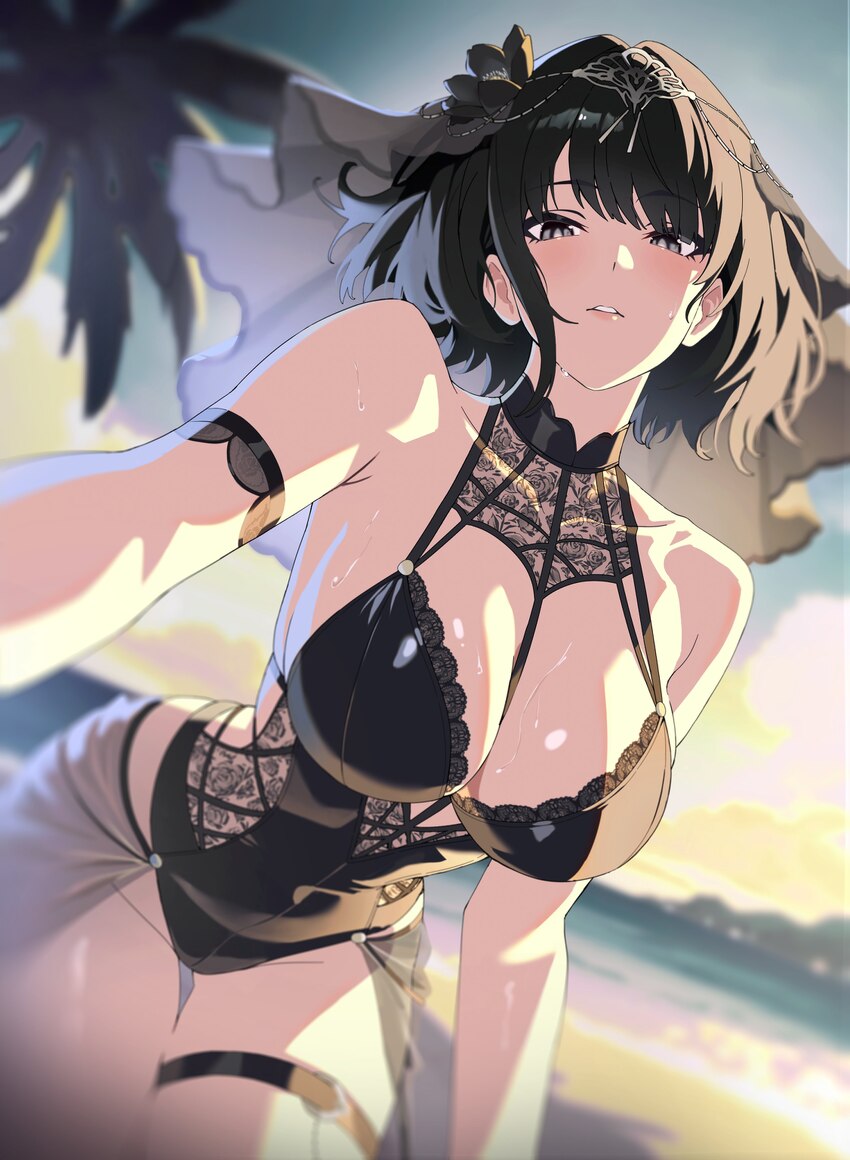 1girl absurdres alternate costume armlet black eyes black hair black one-piece swimsuit black veil blurry blurry background breasts commentary helent…