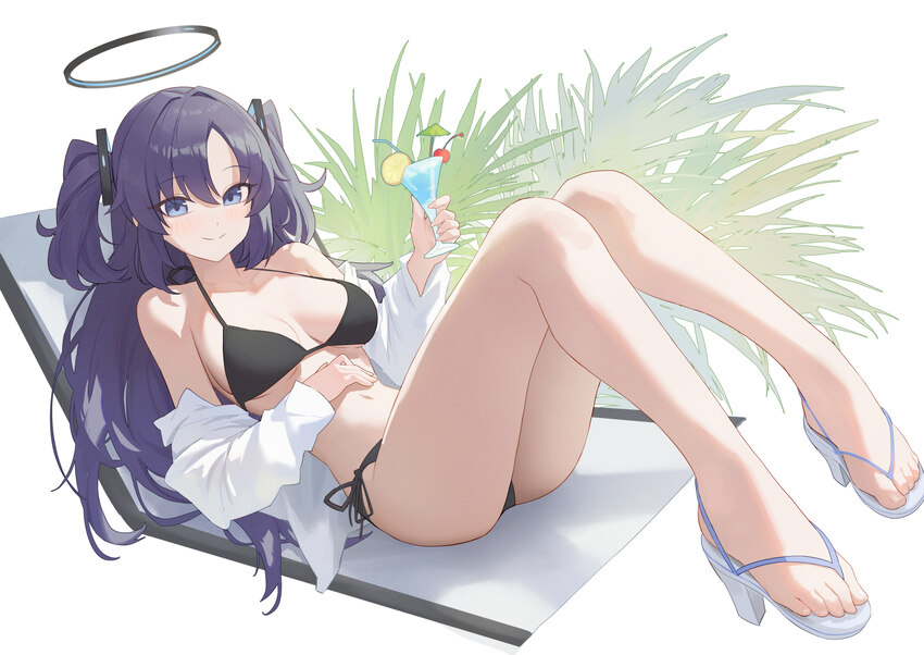 1girl absurdres alternate costume bikini black bikini black halo blue archive blue eyes blue halo breasts chair cherry cleavage cocktail glass commen…