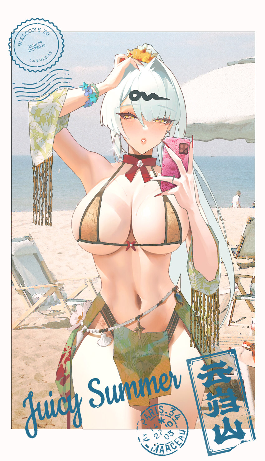 1girl absurdres alternate costume arm up armpits bare shoulders beach bead bracelet beads biguan xiuxing zhong bikini blush bow bow choker bracelet b…