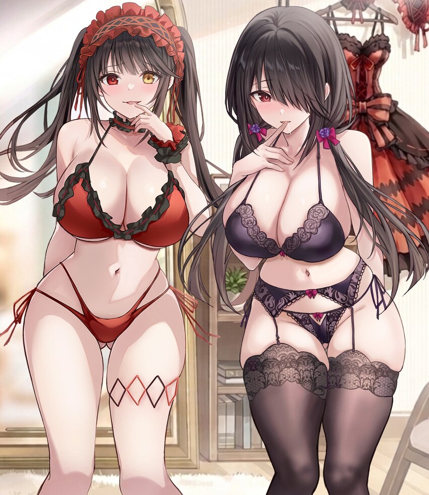 2girls ass ass visible through thighs azur lane bikini black bra black panties black thighhighs bra breasts cleavage clock eyes commentary date a liv…