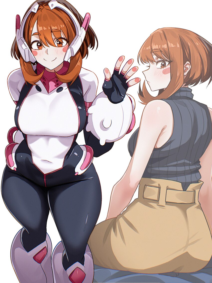 1girl absurdres black gloves black sweater blush bodysuit boku no hero academia breasts brown eyes brown hair brown pants closed mouth commentary cov…
