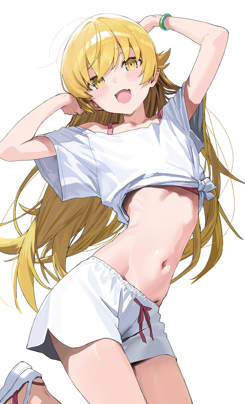 1girl  d arms up blonde hair bra bracelet chinese commentary collarbone commentary request cowboy shot dolphin shorts fang flat chest groin highres j…