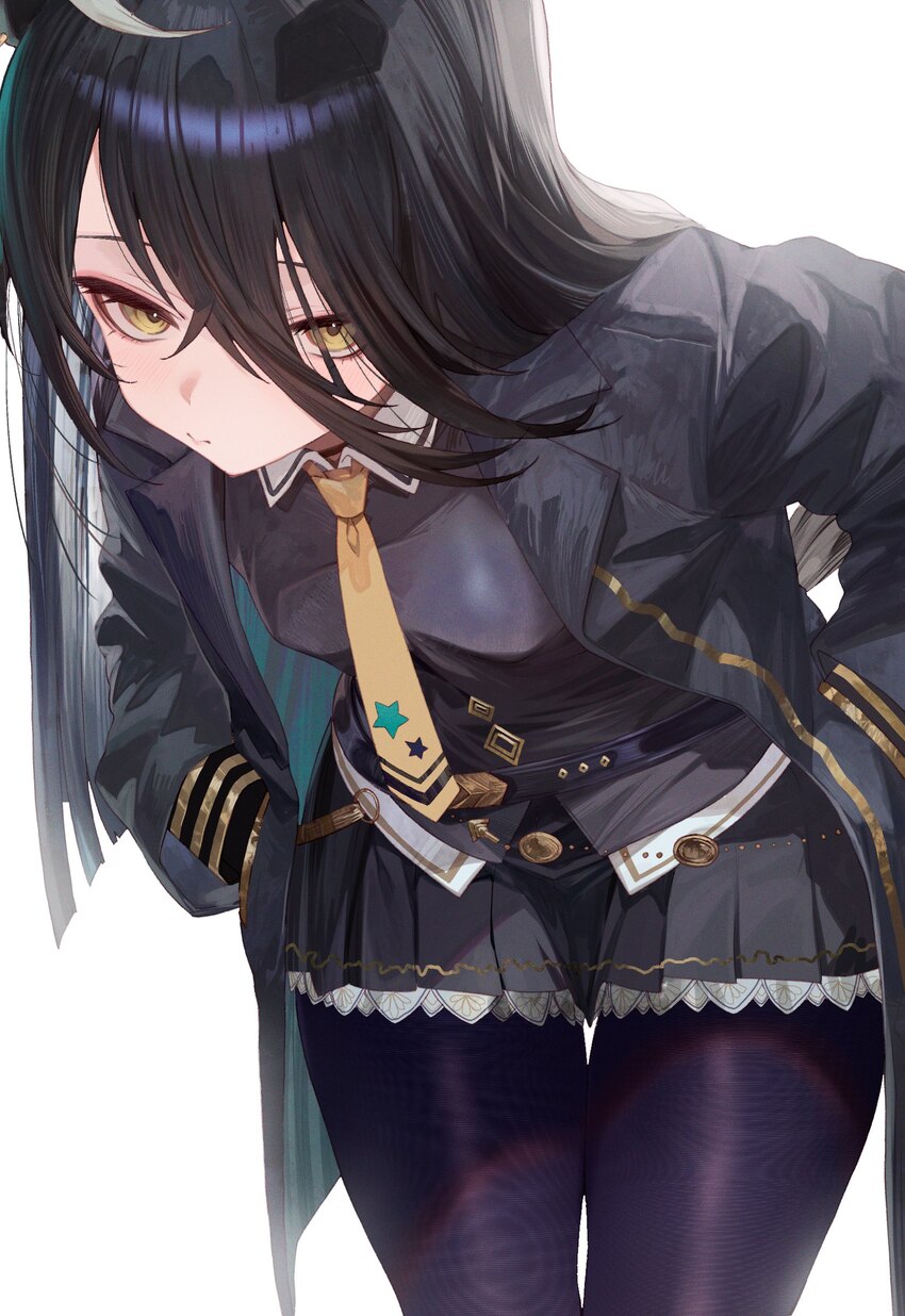 1girl absurdres animal ears black coat black hair black shirt black skirt breasts closed mouth coat collared shirt fine fabric emphasis hair between …