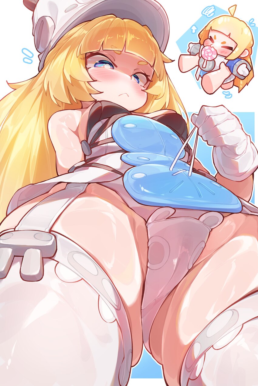 1girl 1other absurdres blonde hair blue background blue eyes blush breasts carrying closed mouth from below gloves grey hat hat highres long hair mul…