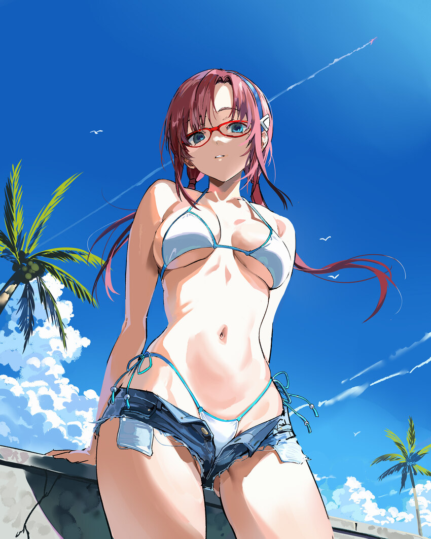 1girl against railing aircraft airplane ass visible through thighs bare arms bare shoulders bikini blue eyes blue sky breasts breasts apart brown hai…