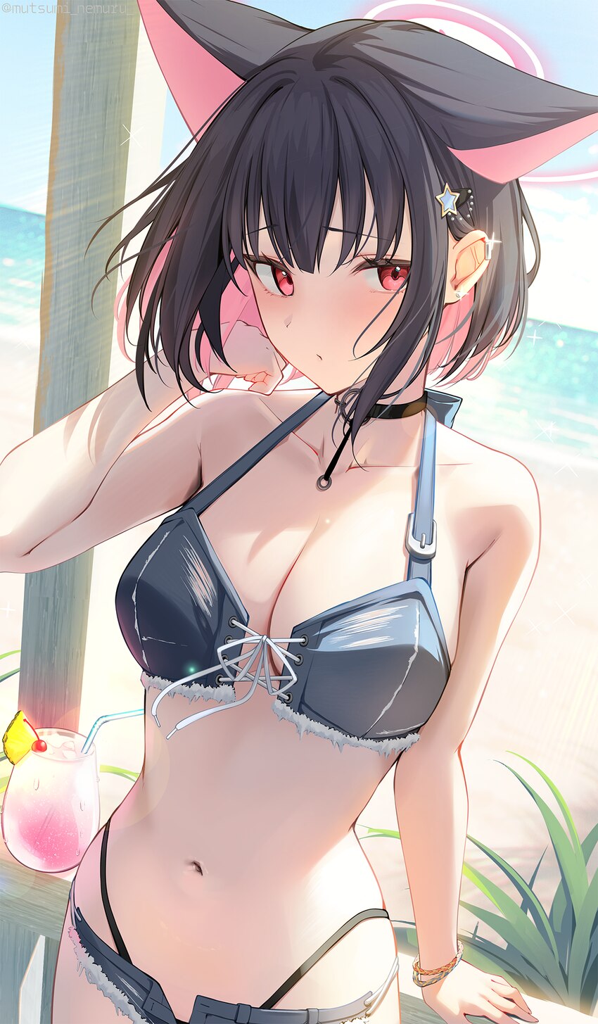 1girl animal ears beach bikini black bikini black choker black hair blue archive breasts cat ears cat girl choker commentary request cup day denim de…