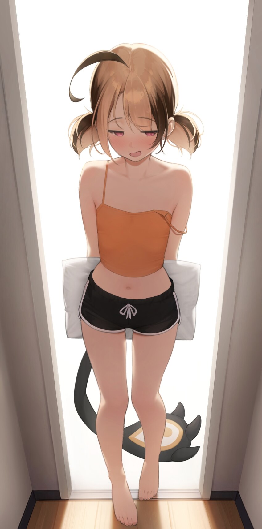 1girl absurdres ahoge alternate costume arms behind back averting eyes bare legs barefoot black shorts blonde hair blush brown hair camisole commenta…