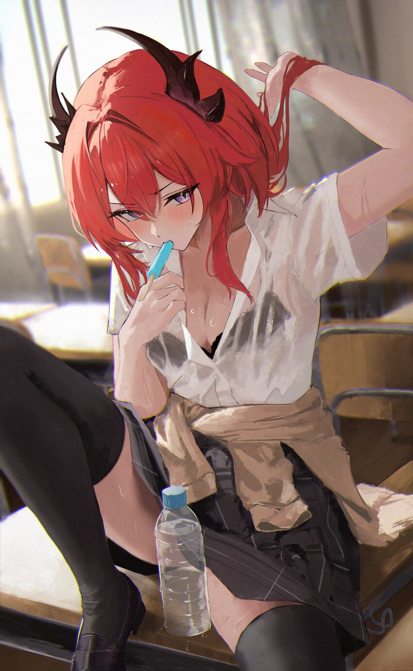 1girl absurdres alternate costume arknights arknights  endfield black horns black skirt black thighhighs bra visible through clothes breasts classroo…