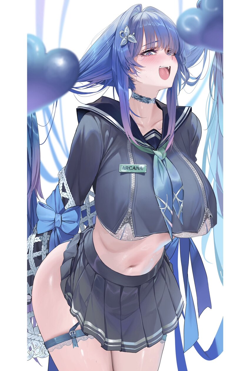 1girl arcana (fortune mate) (nikke) arcana (nikke) black sailor collar black serafuku black skirt blue eyes blue hair bra breast zipper breasts choke…