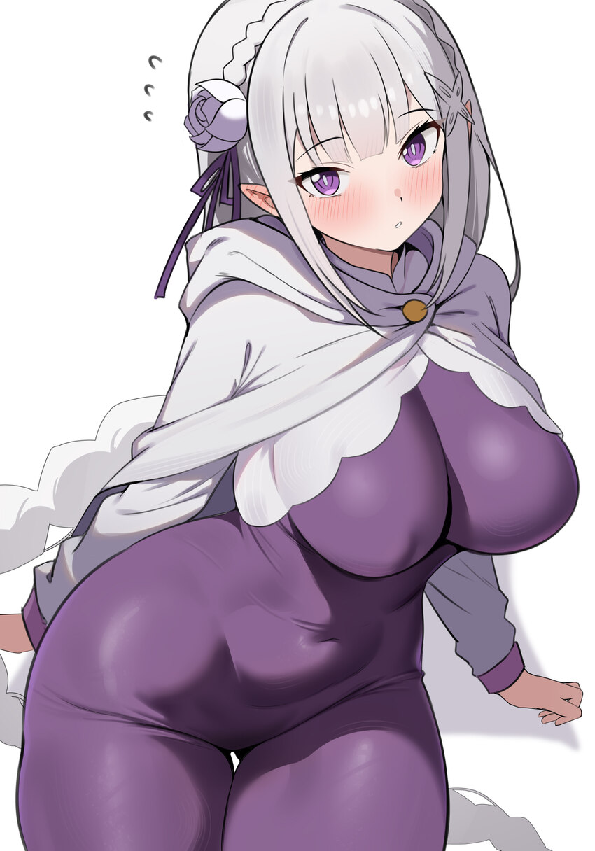 1girl absurdres ass visible through thighs blush bodysuit braid breasts cloak closed mouth covered navel crown braid curvy dush 1154 ear blush elf em…