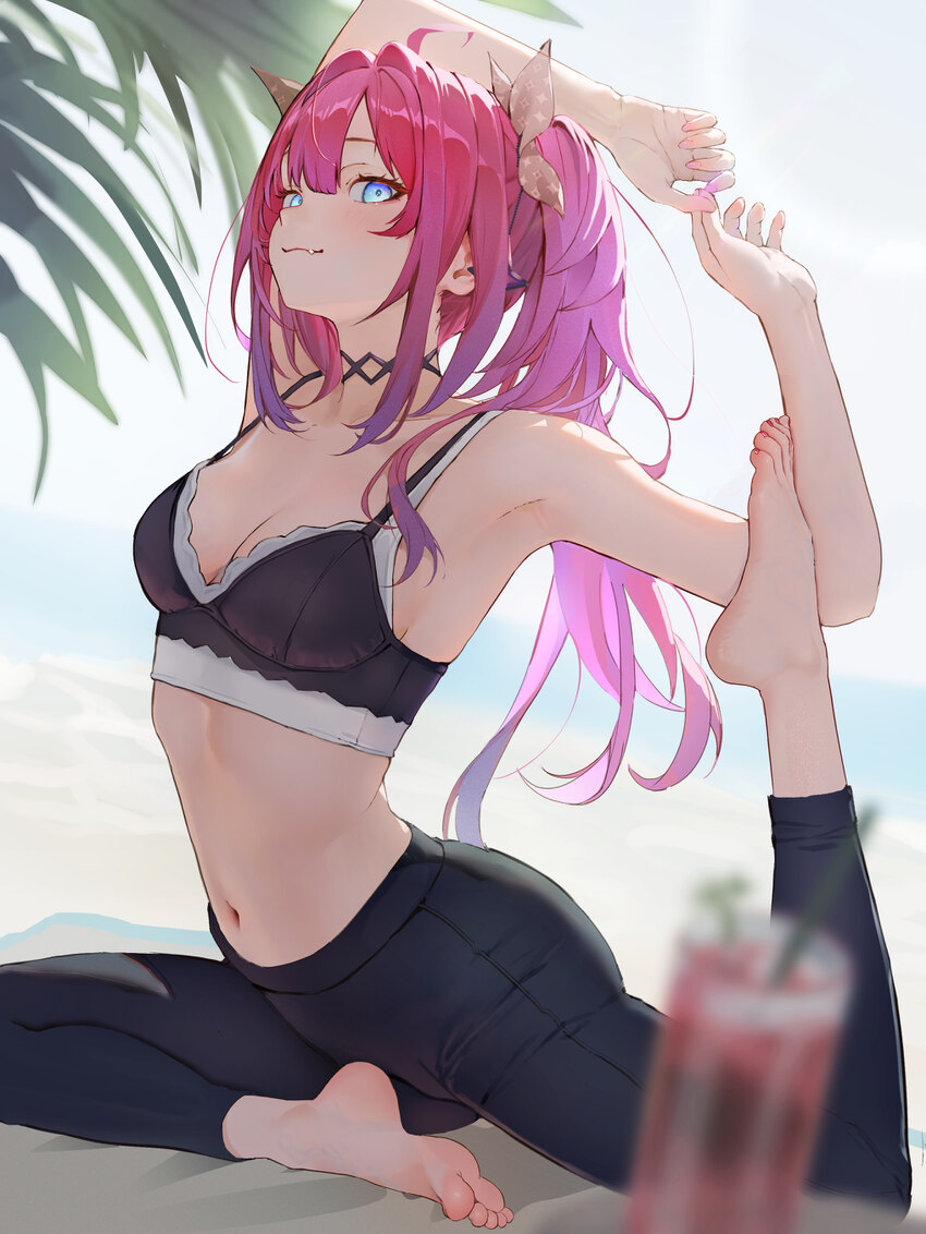 1girl absurdres arm behind head armpits barefoot beach mat black bra black choker black pants blue eyes blurry blurry foreground bra breasts brown ri…