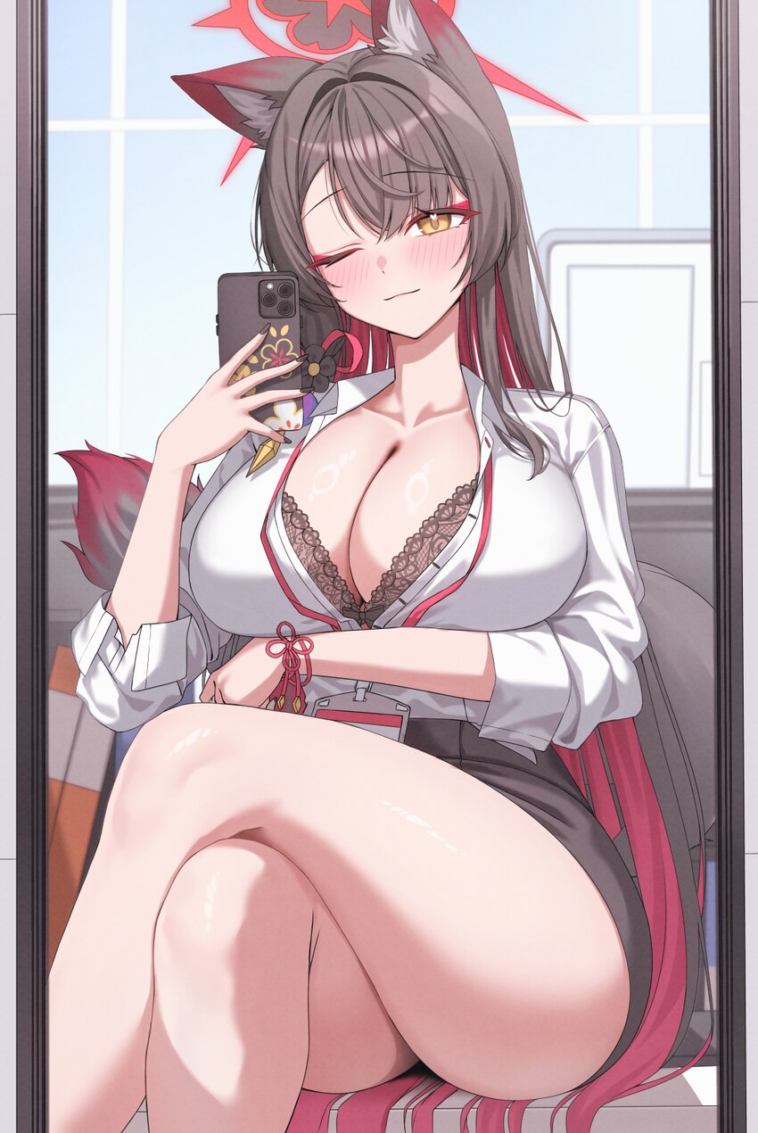 1girl absurdres animal ear fluff animal ears black bra black hair blue archive bra breasts cellphone cleavage colored inner hair commentary crossed l…