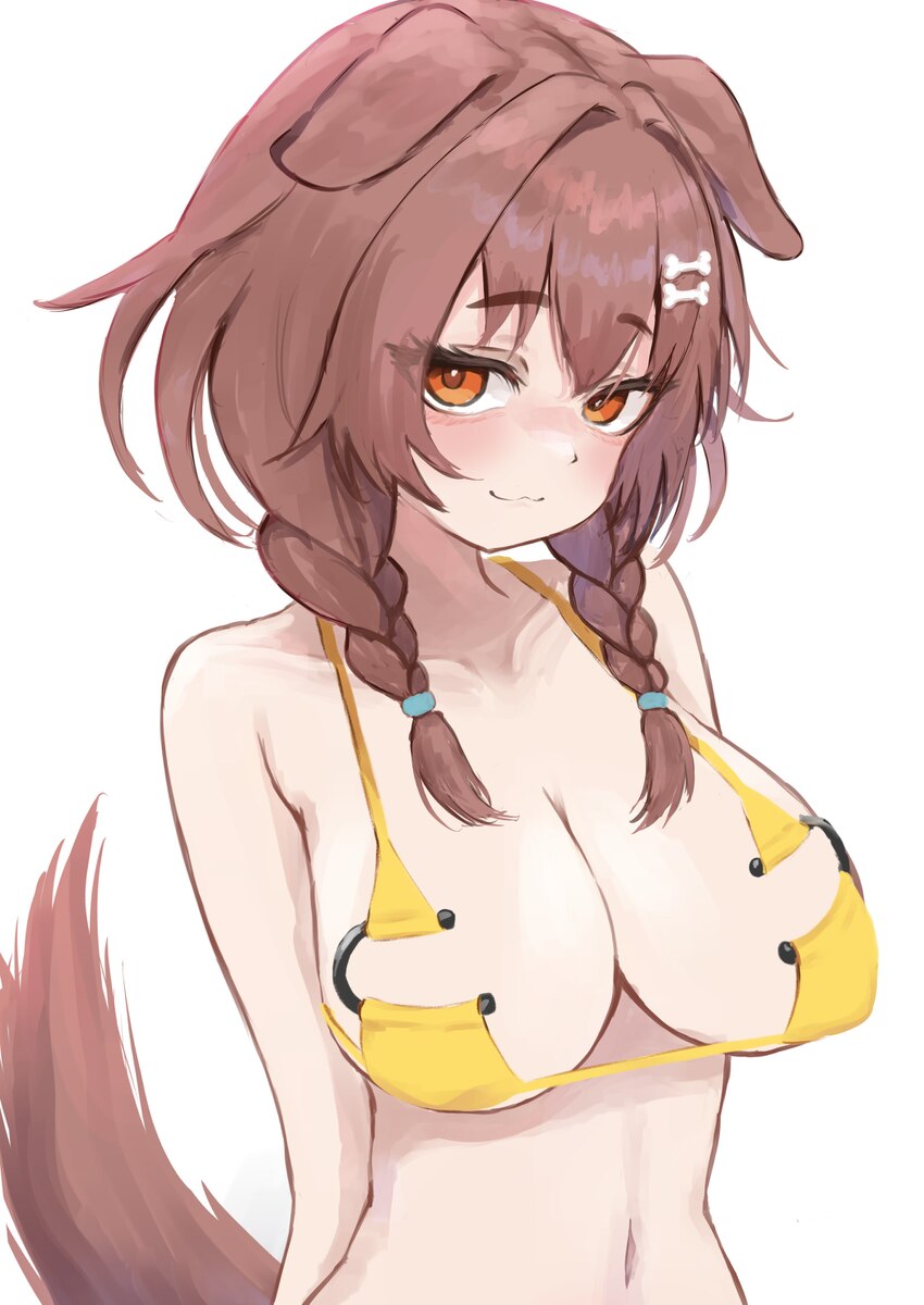 1girl  3 absurdres animal ears arms behind back bikini blush bone hair ornament braid braided twintails breasts brown eyes brown hair brown tail clea…