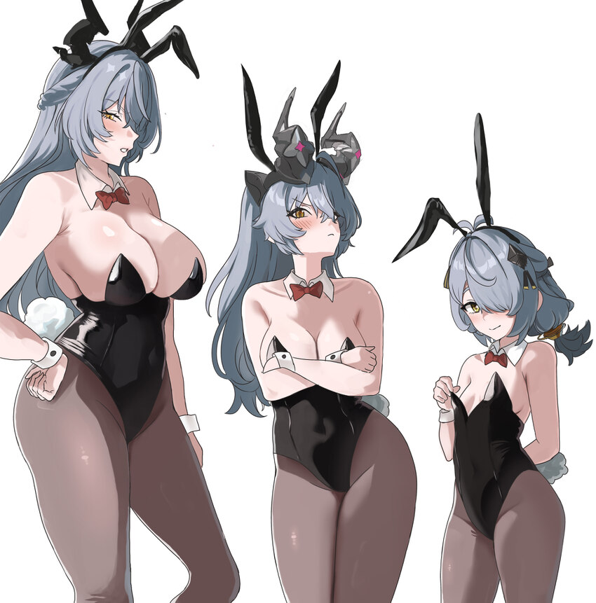 3girls absurdres animal ear hairband animal ears antenna hair black horns black leotard blush breasts brown pantyhose closed mouth commentary crossed…