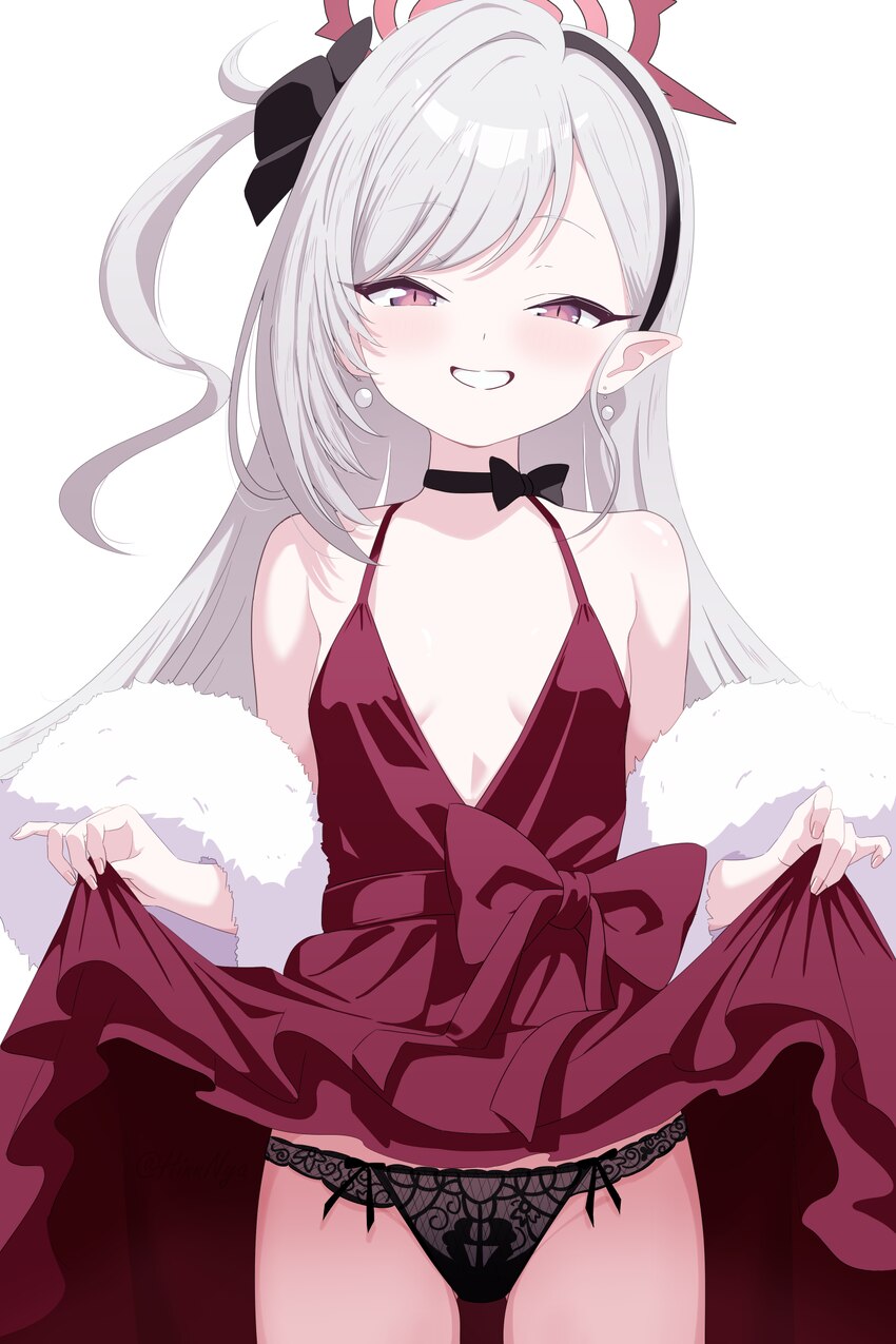 1gen sinkun 1girl bare shoulders black choker black panties black scrunchie blue archive blush breasts choker clothes lift commentary request dress e…