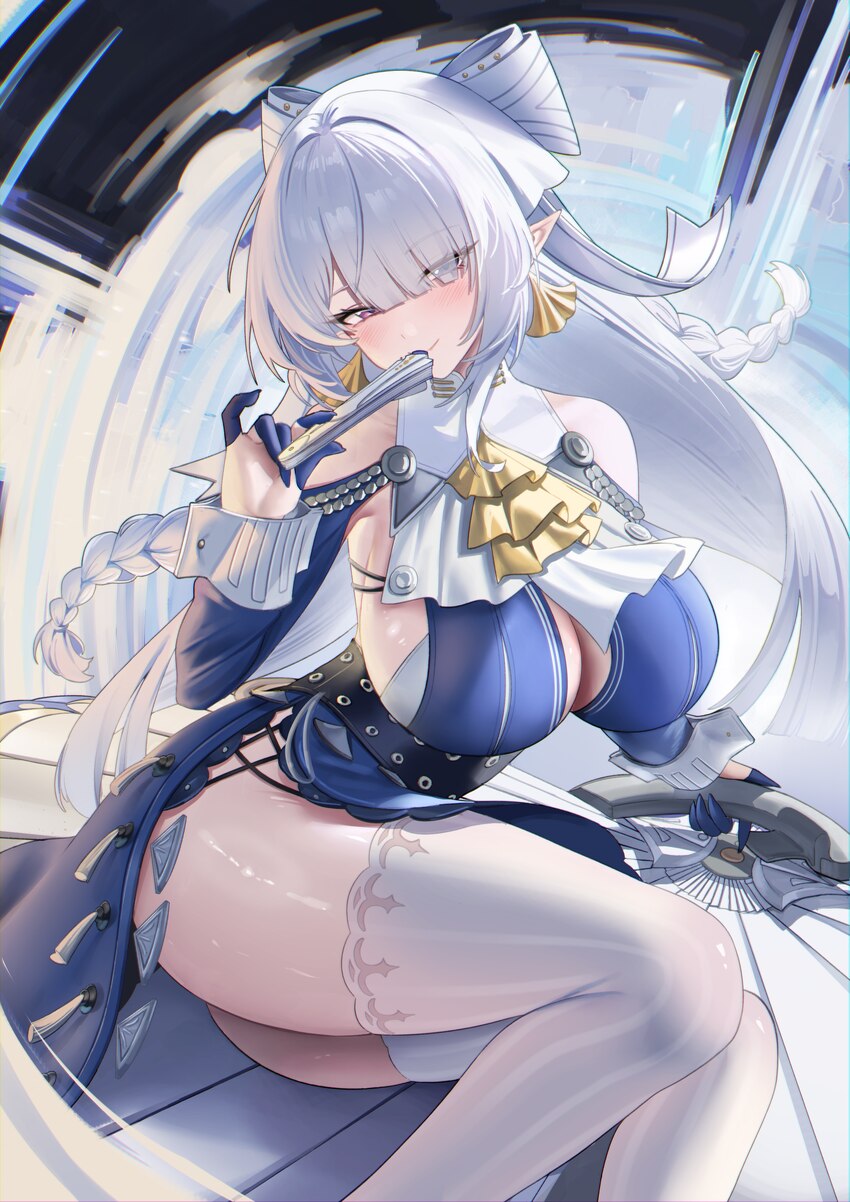 1girl absurdres blue dress bra breasts cleavage commentary request dress grey hair hand fan highres holding holding fan kmos large breasts long hair …