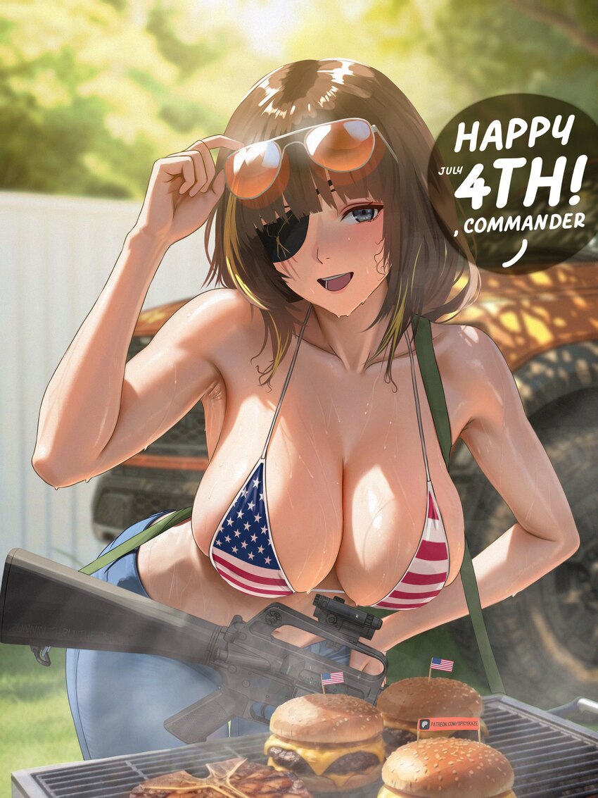 1girl absurdres alternate costume american flag american flag bikini american flag print armpits assault rifle aviator sunglasses bare arms bare shou…