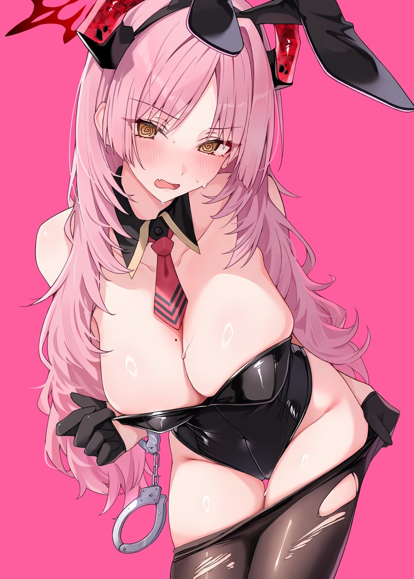 1girl @ @ animal ear hairband animal ears black gloves black leotard blue archive blush breasts cleavage clothes pull collarbone commentary request d…
