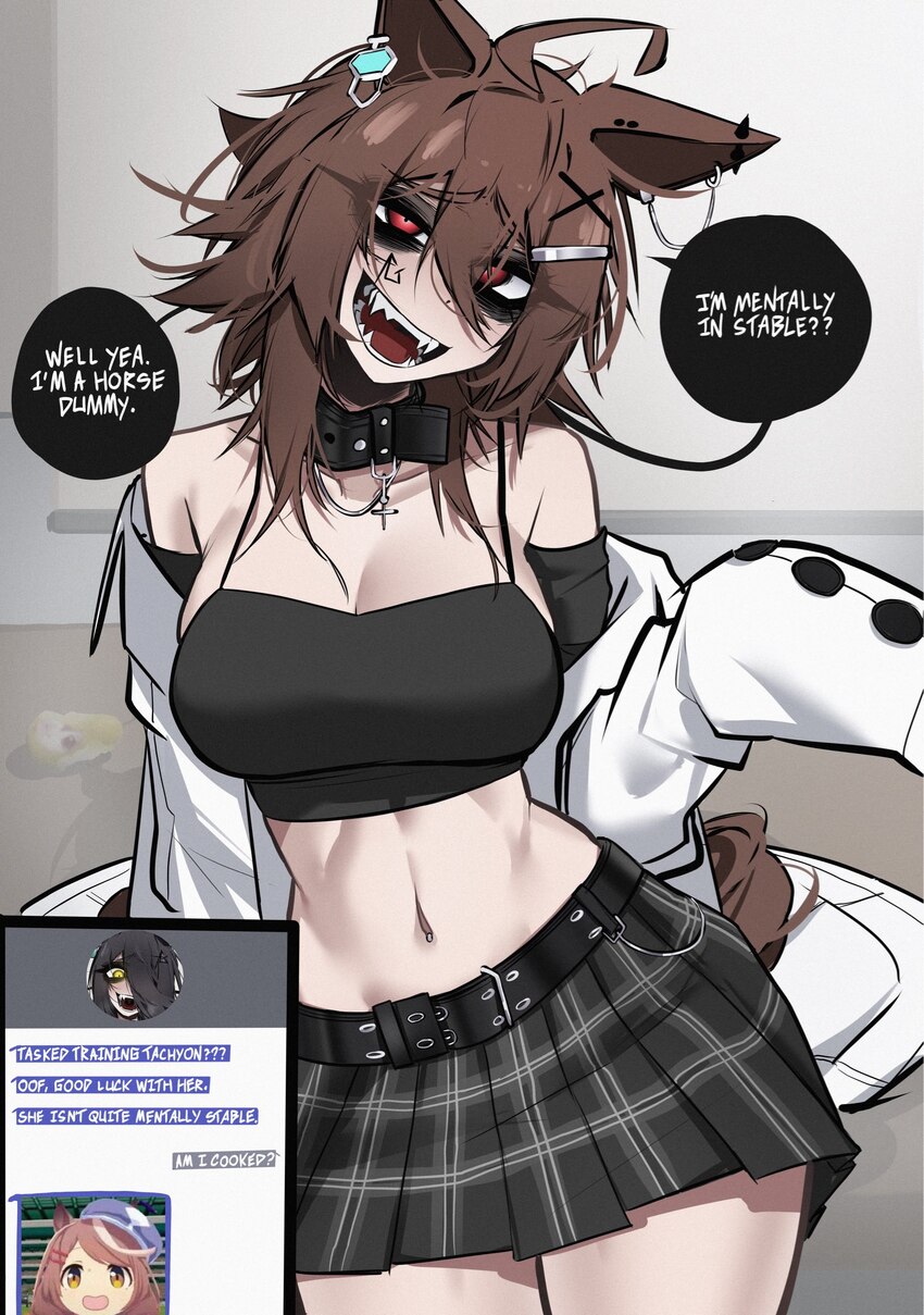 1girl ace glitch agnes tachyon (umamusume) ahoge alternate costume animal ear piercing animal ears bare shoulders belt belt buckle black belt black c…