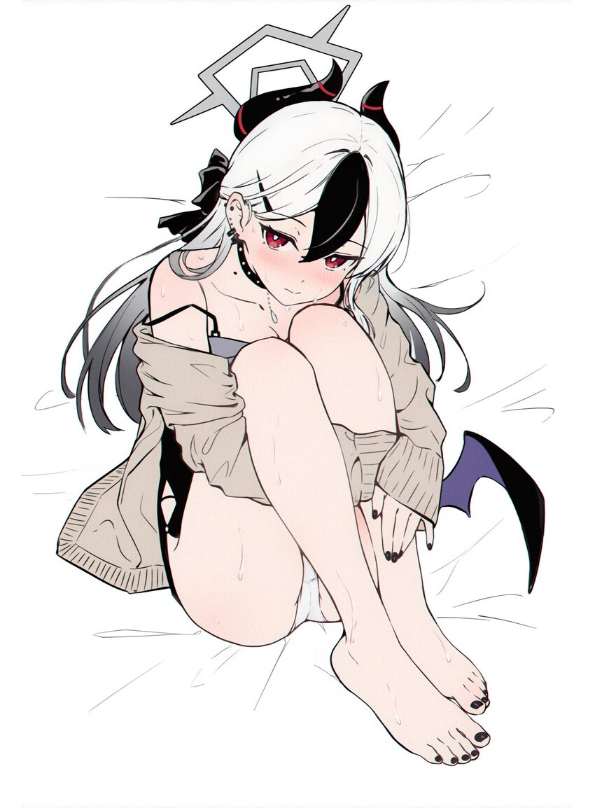 1girl admiralkeyes barefoot black choker black dress black hair black horns black nails black wings blue archive blush bright pupils brown cardigan c…