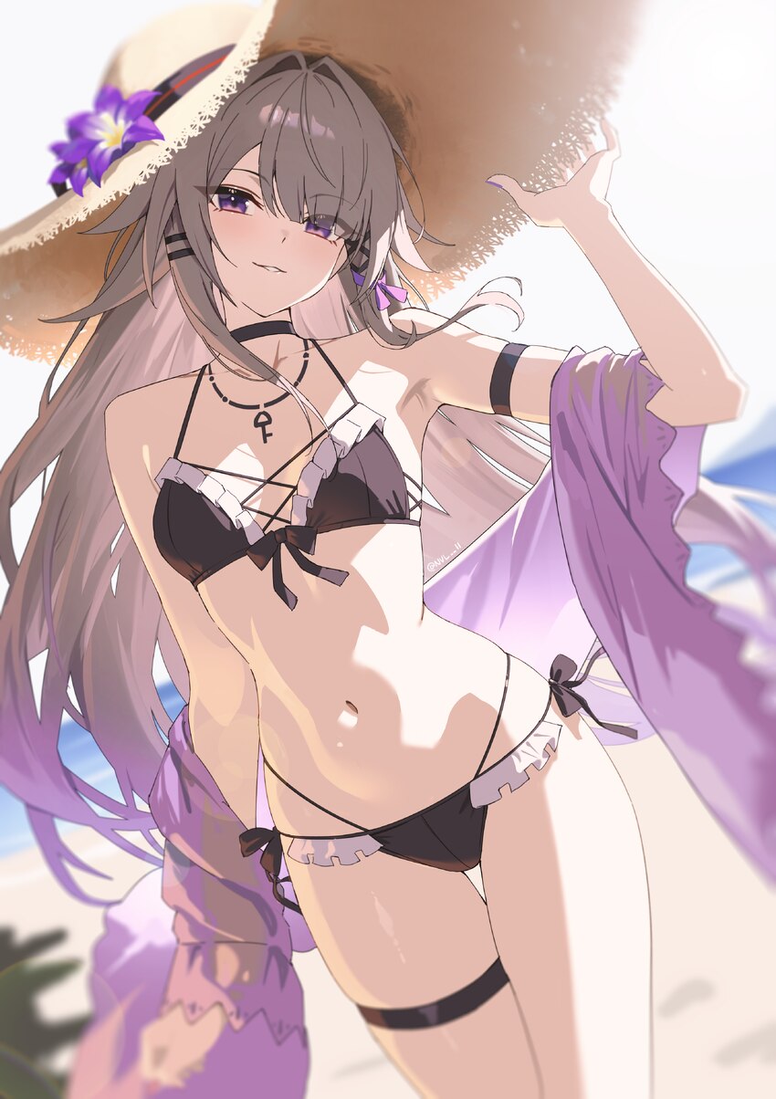 1girl absurdres alternate costume arm strap armpits bikini black bikini blurry blurry background breasts brown hair collarbone commentary flower hair…