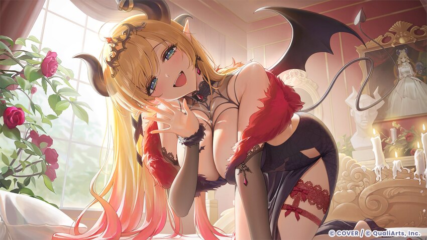 1girl  d ame (uten cancel) aqua eyes barefoot black dress black horns blonde hair breast tattoo breasts candlestand cleavage commentary curtains demo…