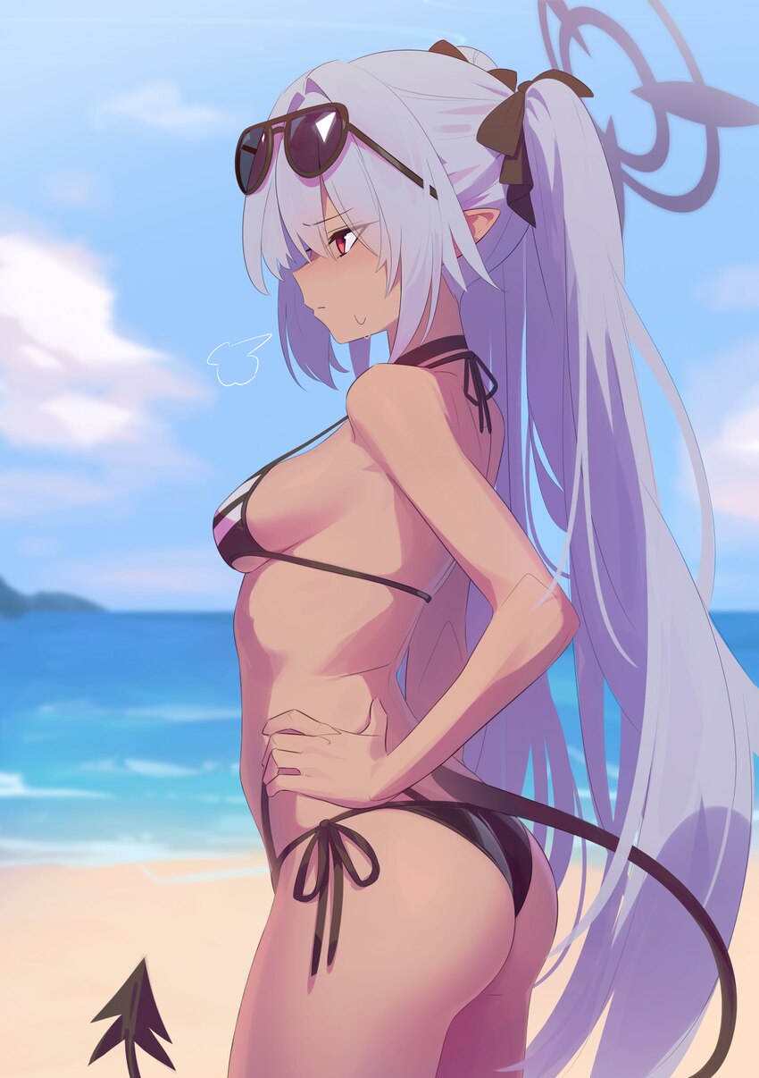 1girl absurdres anonds31 ass bare shoulders beach bikini black bikini black gloves blue archive blush breasts choker commentary dark-skinned female d…