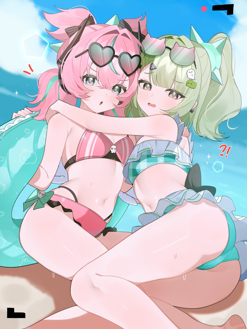 !? 2girls absurdres aqua bikini aqua eyes aqua streaks aria (human) (zenless zone zero) aria (zenless zone zero) arms around neck ass asymmetrical ba…