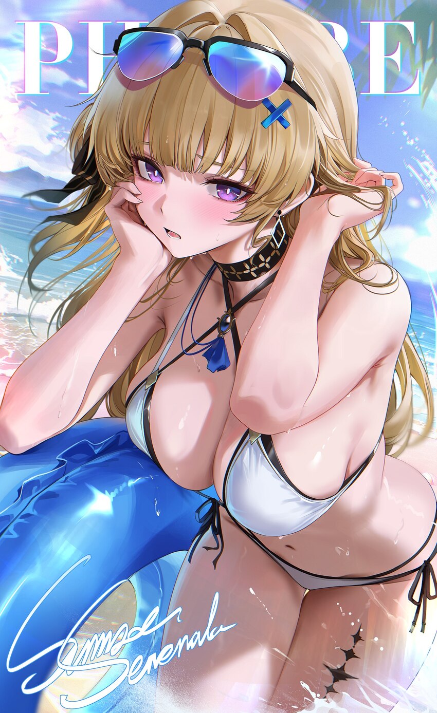 1girl adjusting hair alternate costume bikini black bow black choker blonde hair blue-tinted eyewear blush bow breasts character name choker cleavage…