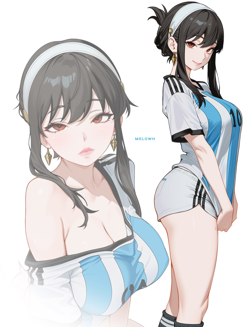 1girl absurdres argentinian national soccer team uniform bare shoulders black hair blush breasts cleavage commentary english commentary highres large…