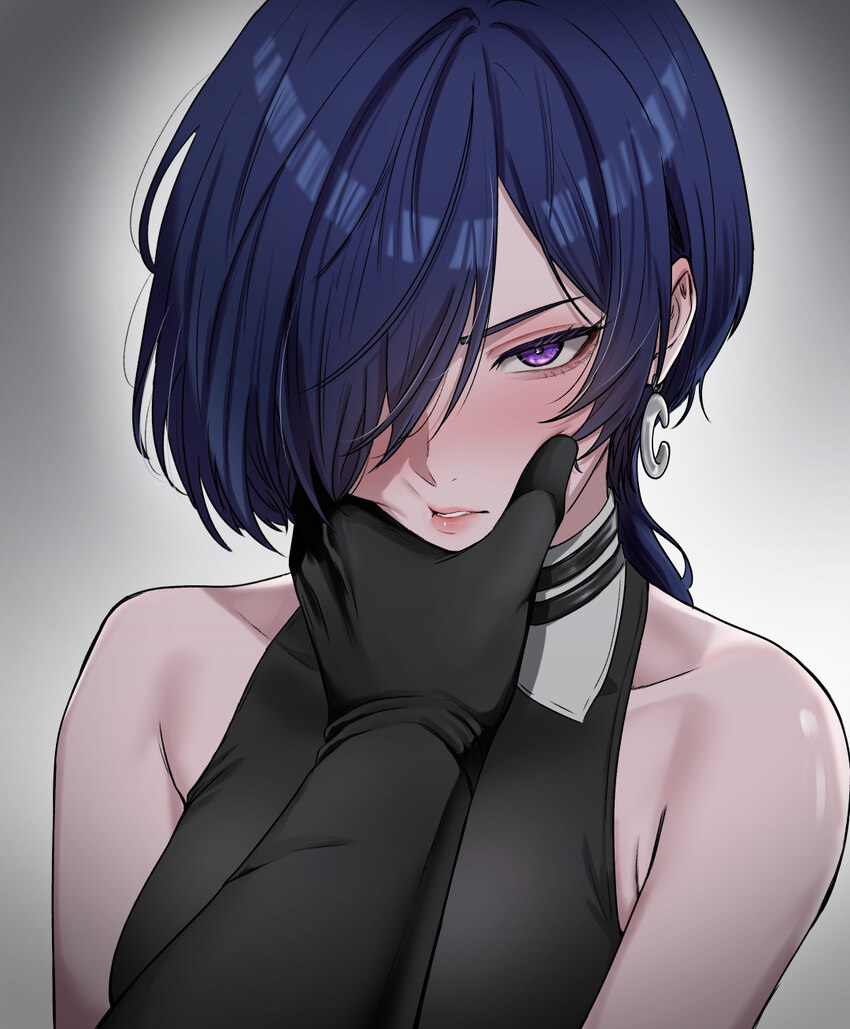 1girl 1other absurdres black shirt blue hair commentary request earrings grabbing anothers face grey background hair over one eye head grab highres j…