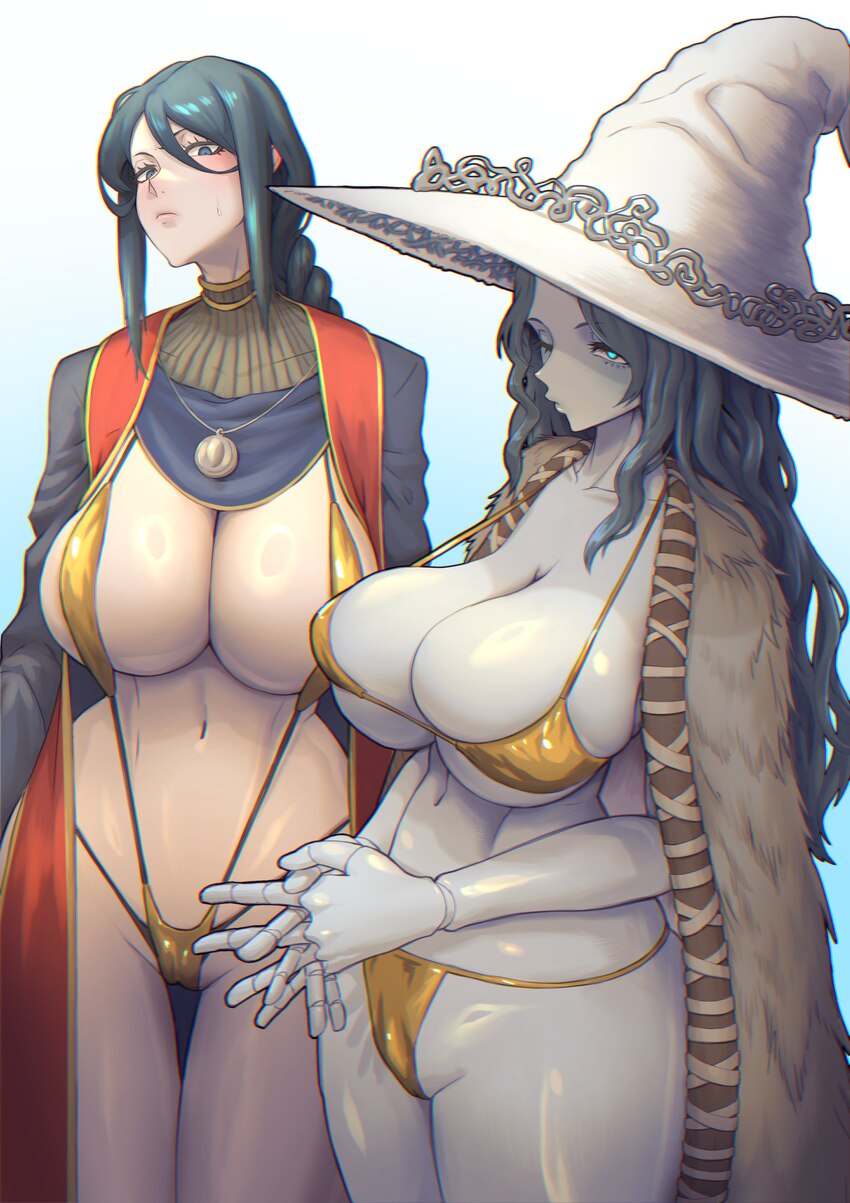 2girls absurdres bikini black hair breasts cape curvy doll joints elden ring giyouza gold bikini hat highres huge breasts joints long hair looking at…
