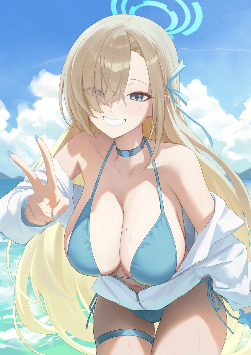 1girl absurdres alternate costume asuna (blue archive) bare shoulders bent over bikini blonde hair blue archive blue bikini blue choker blue halo blu…