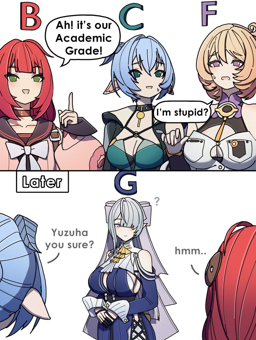 2koma 4girls ? absurdres animal ears ascot bare shoulders blonde hair blue dress blue hair blue horns breasts bust chart button gap cardigan chest bo…