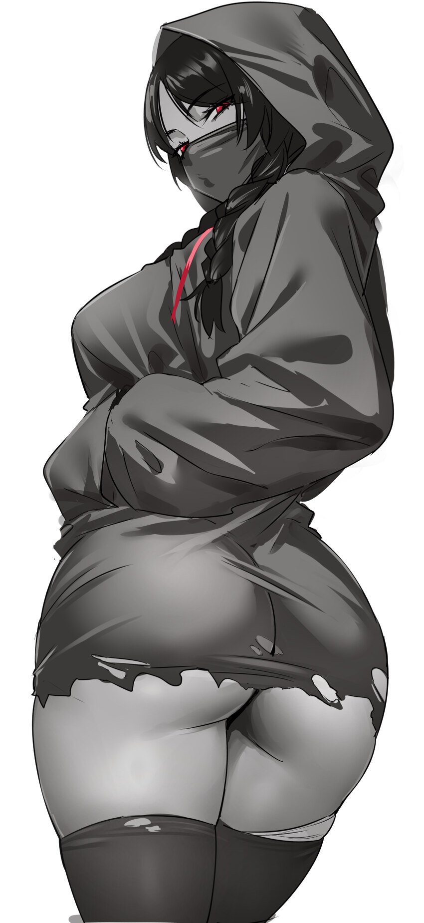 1girl absurdres alternate ass size (larger) ass braid breasts das (dan dan) fate/grand order fate/strange fake fate (series) greyscale hands in pocke…