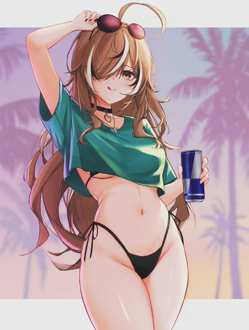 1girl absurdres ahoge bikini black bikini black hair black nails breasts brown eyes brown hair choker commentary cover bikini girl (gta vi) (pose) cr…