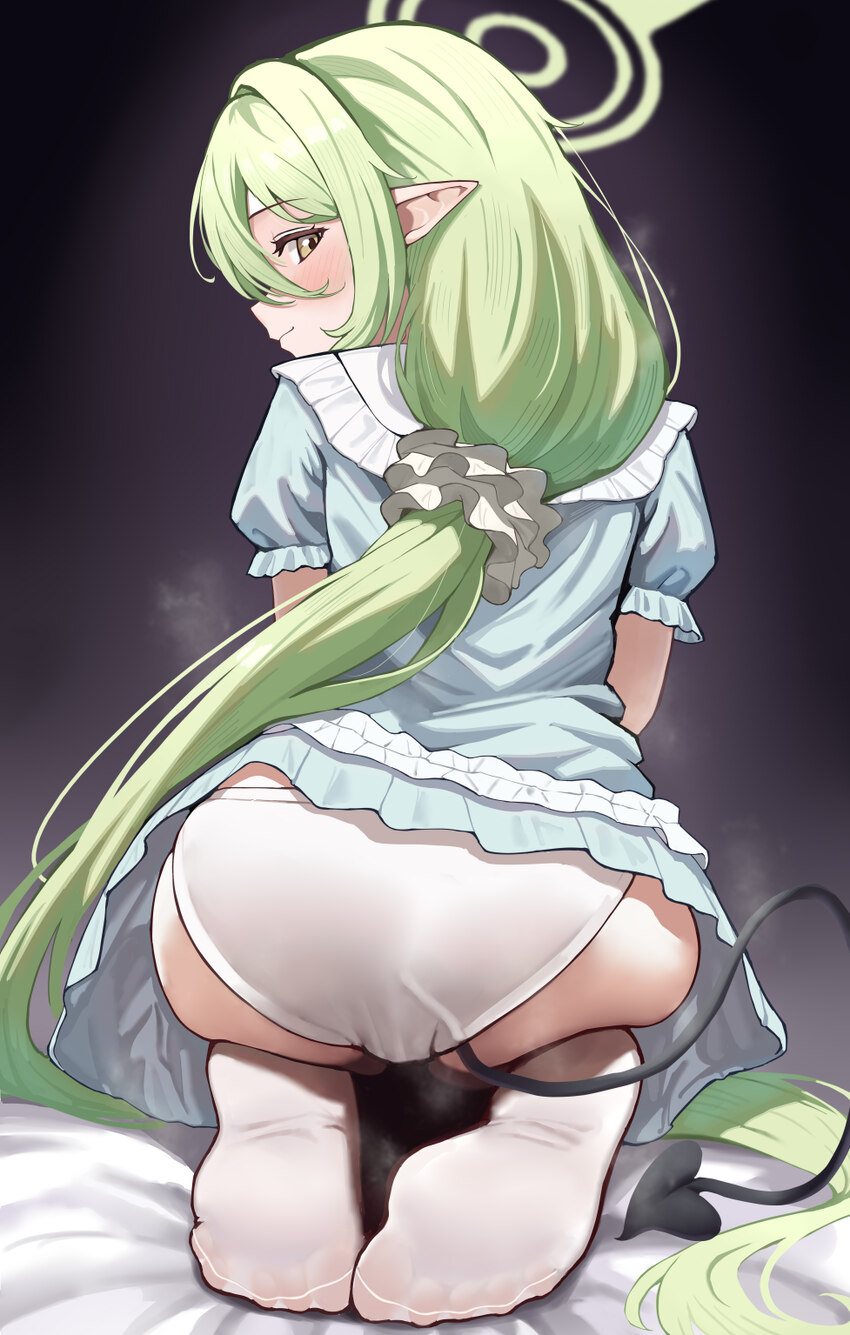 1girl absurdres ass ass focus blue archive blue dress chinese commentary closed mouth commentary request demon girl demon tail dress feet foot focus …