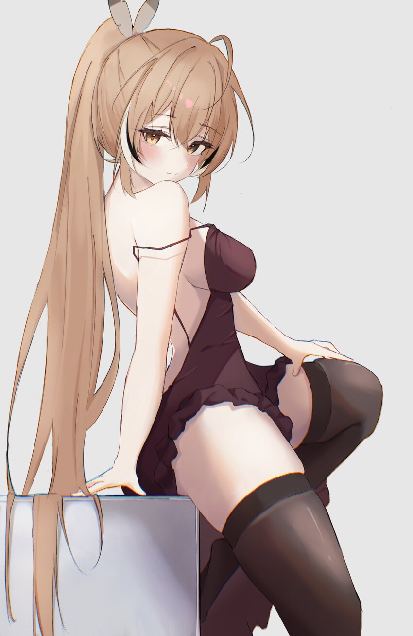 1girl absurdres ahoge bare back black streaks black thighhighs breasts brown eyes brown hair closed mouth commentary crossed bangs double-parted bang…