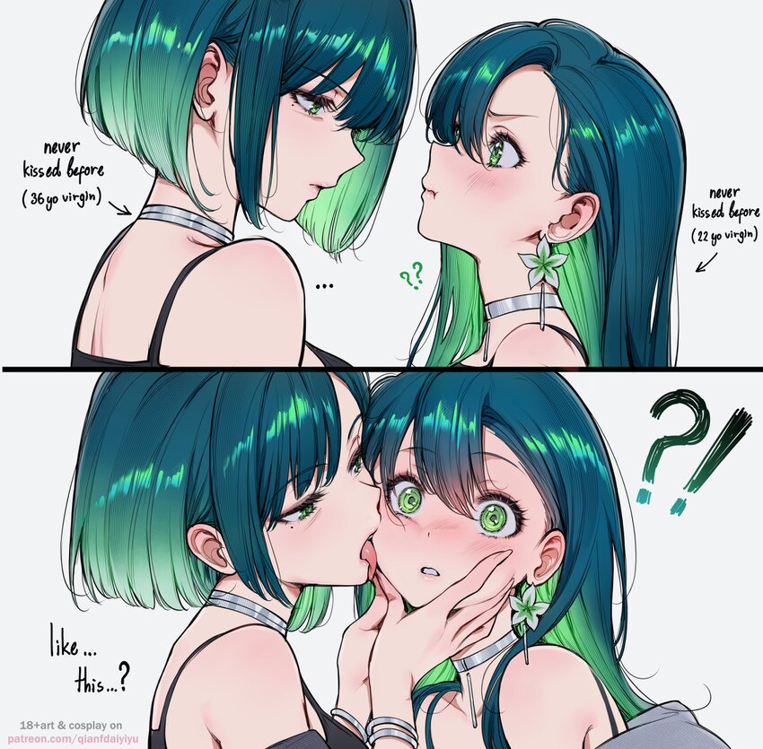 !? 2girls ? absurdres bare shoulders blush choker closed mouth commentary dual persona earrings english commentary english text first kiss (meme) fro…